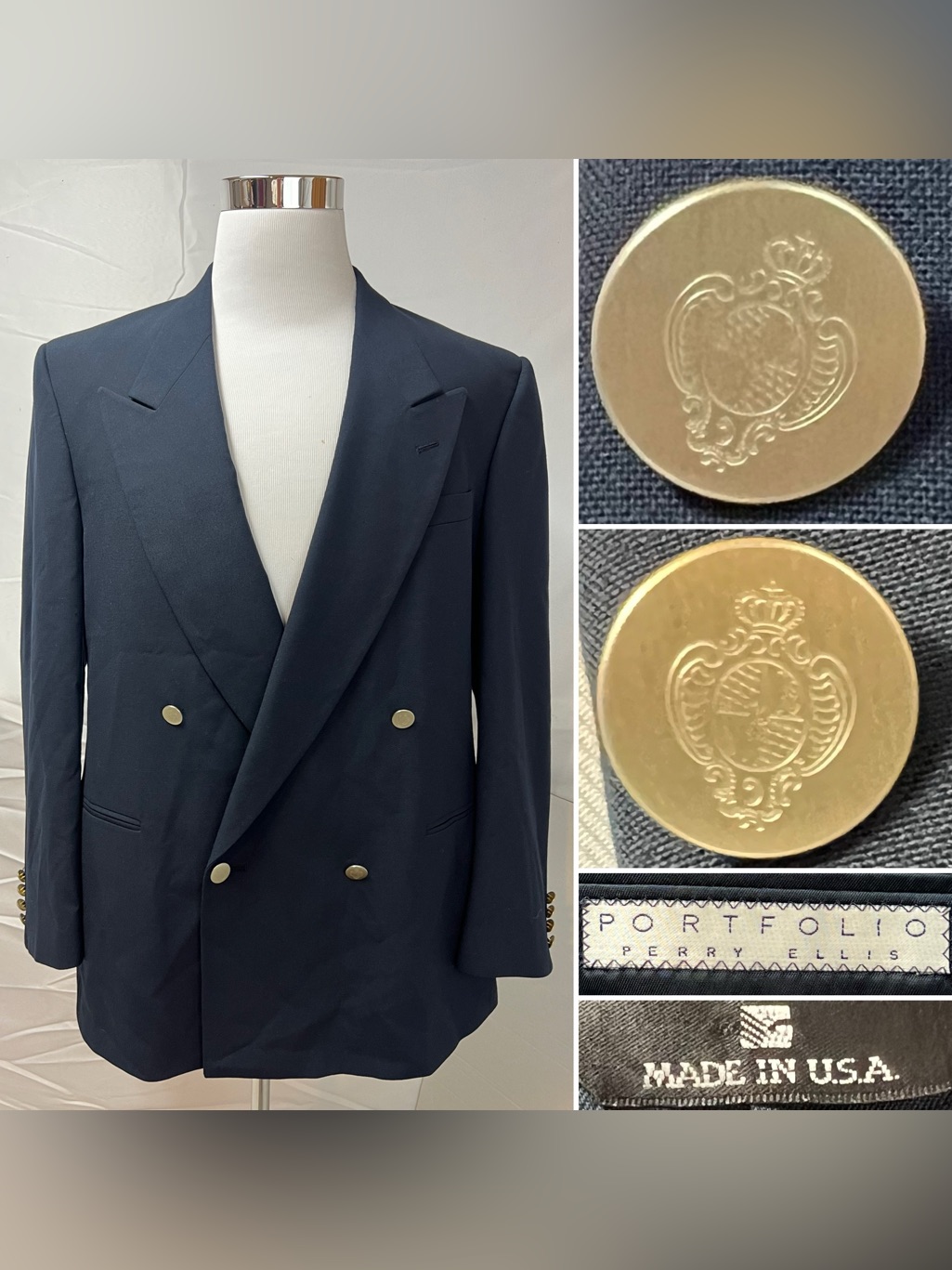 Perry Ellis Portfolio Vintage Mens 46l Navy Silver Button Double Breasted Blazer